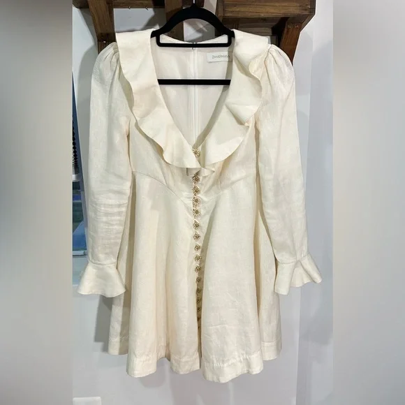 NWT Zimmermann Cream Linen Daisy Mini Dress Ruffle Long Sleeve AU 0P (US 2P) - Picture 4 of 16